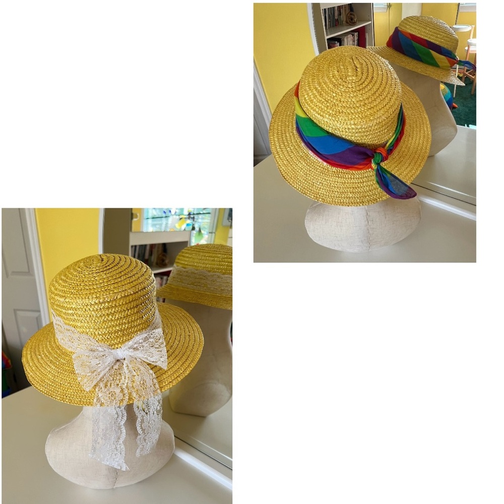 1980s Yellow Straw Hat, Round Crown, Incl. White Lace Ribbon & Rainbow Bandana - Picture 5 of 16